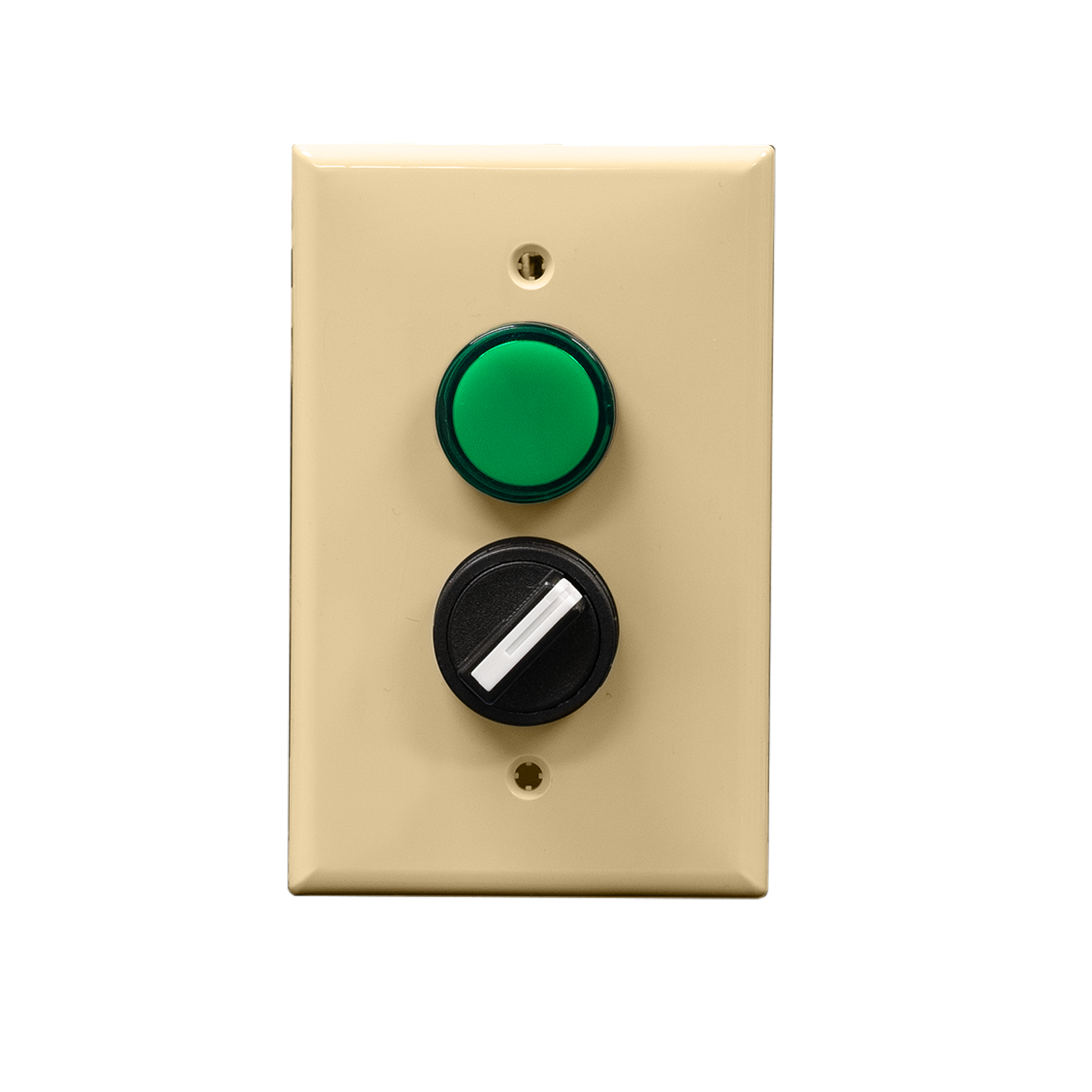 An ivory rectangular wall plate with a green pilot light and a black rotary dial.