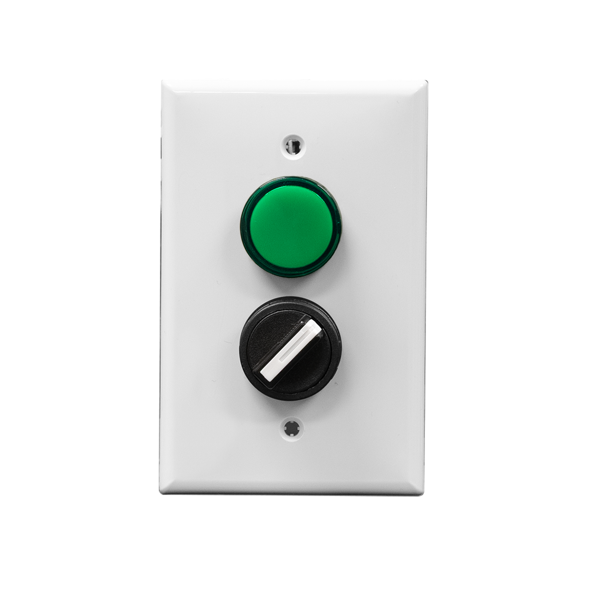 A white rectangular wall plate with a green pilot light and a black rotary dial.