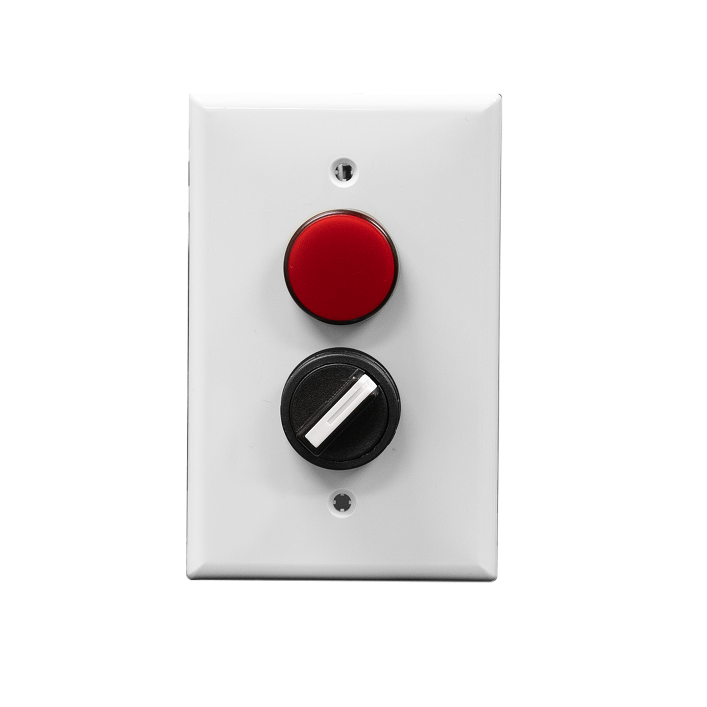 A white rectangular wall plate with a red pilot light and a black rotary dial.