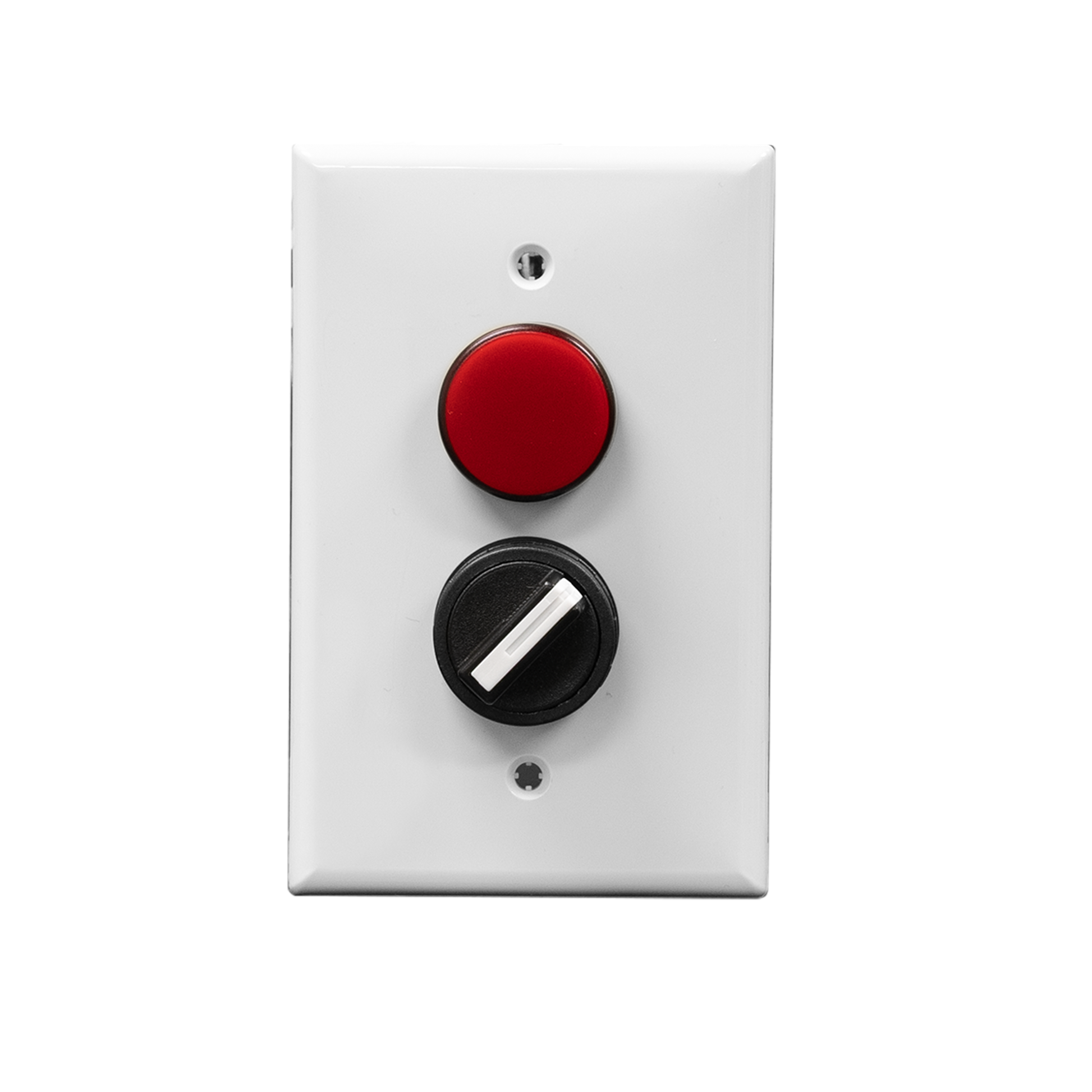 A white rectangular wall plate with a red pilot light and a black rotary dial.