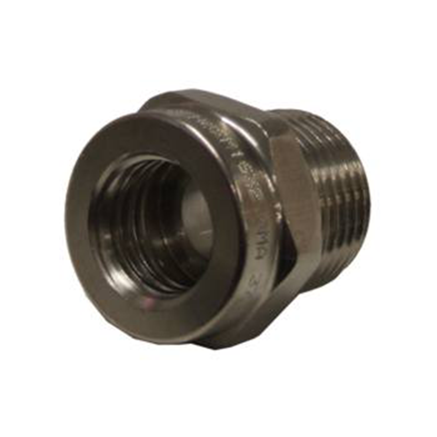 A metal threaded coupler on a white background.